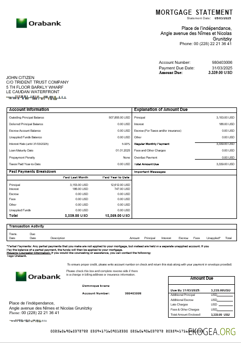 Relevé hypothécaire du Togo Orabank aux formats Word et PDF